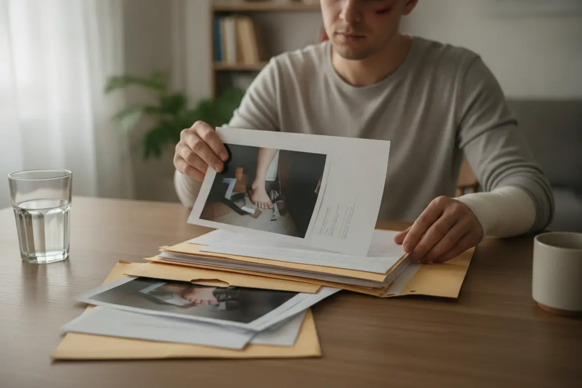 An injured person organizing medical papers, incident photographs, and insurance letters in a folder