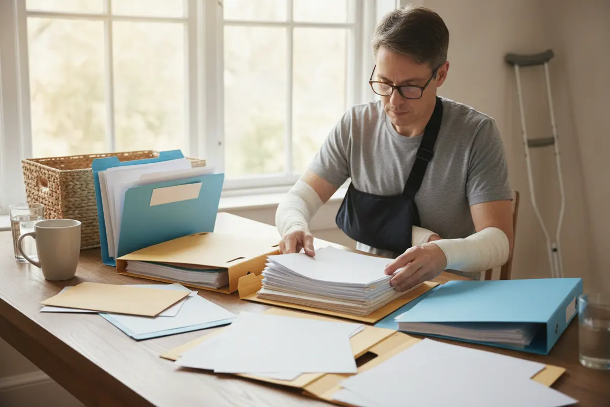 An injured person organizing medical records and claim correspondence into labeled folders