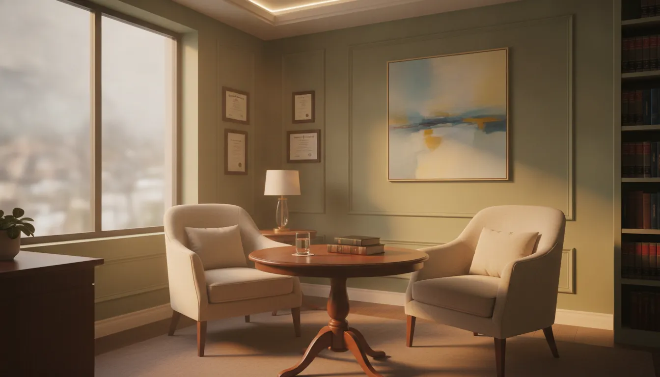 Warm supportive lighting in a quiet professional legal office, comfortable chairs, glass of water on table