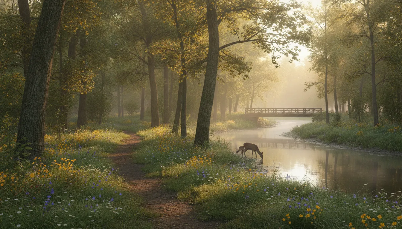 Serene Michigan park scenery with soft morning sunlight filtering through trees