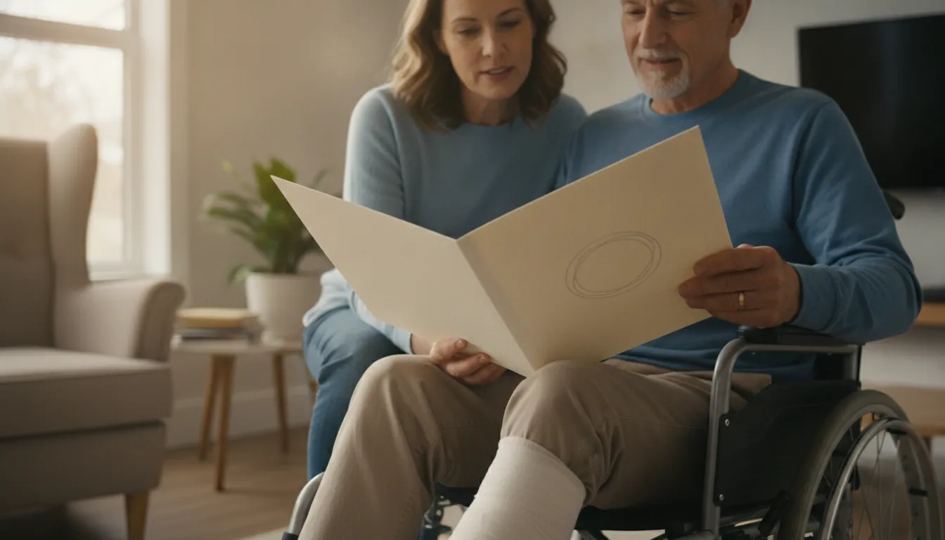 Caregiver and injured adult reviewing a long-term care plan at home