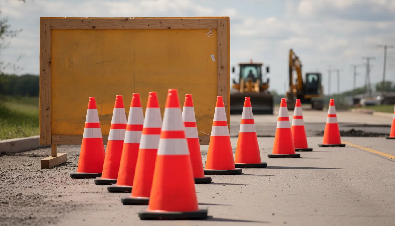 Orange traffic cones marking a temporary lane closure in a Michigan road work zone