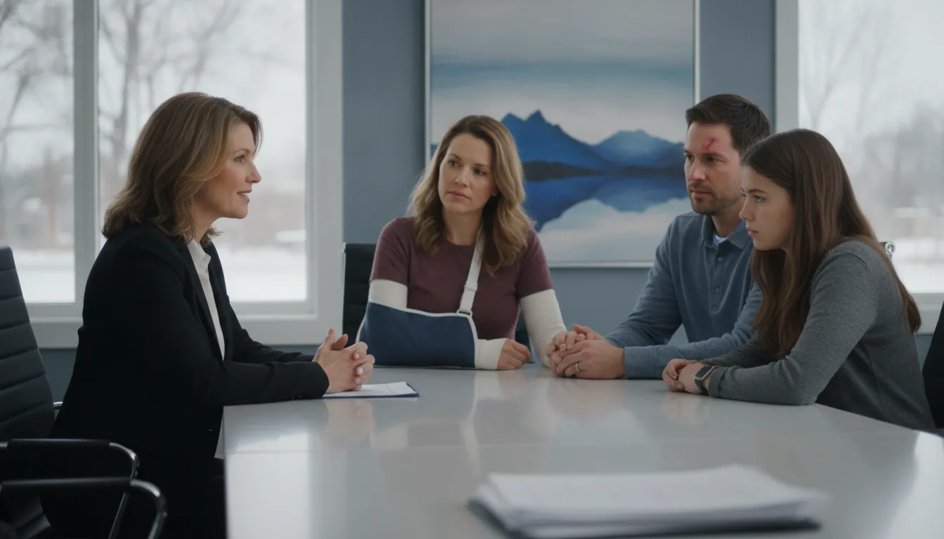 Attorney reviewing head-on collision evidence with a Michigan family