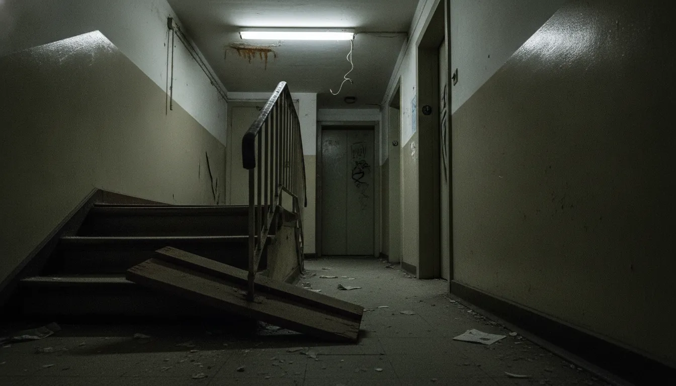Broken stair handrail in an apartment hallway