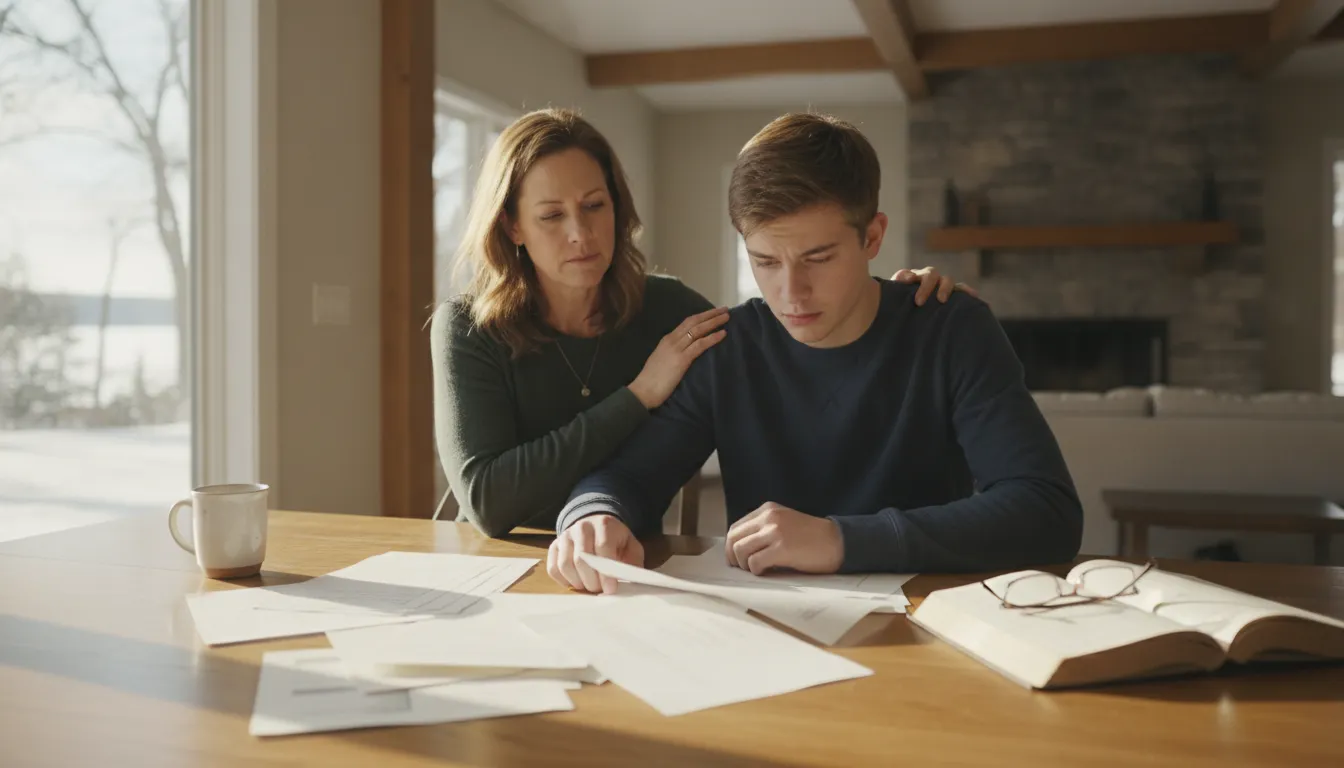 Parent and teenage son reviewing insurance documents at a kitchen table