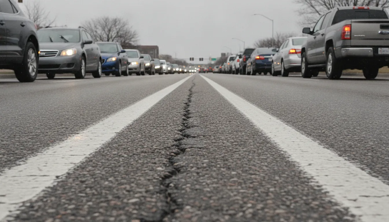 Painted highway lane lines beside rows of stopped cars, the kind of scene where a motorcycle and a car often meet