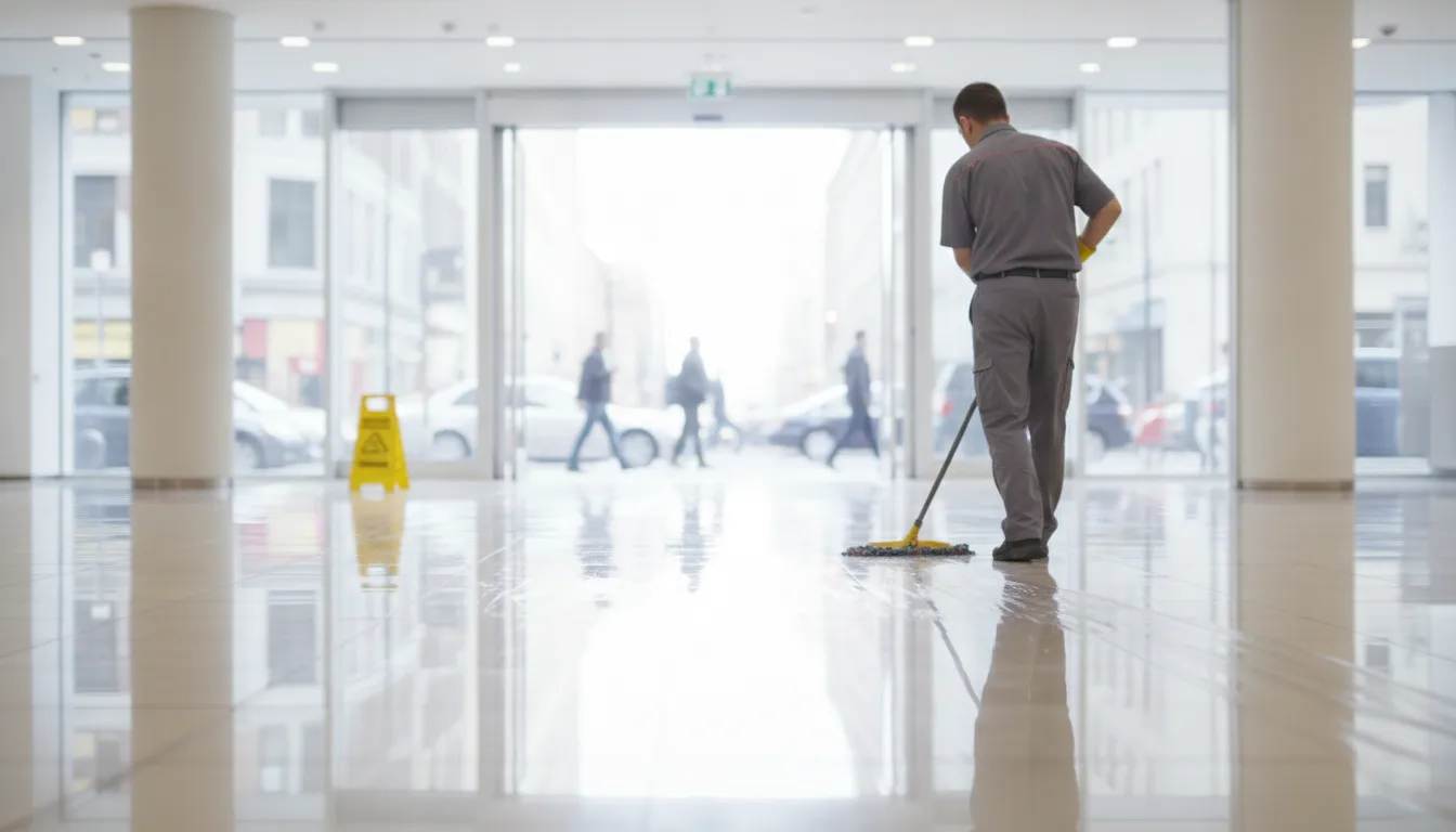 A worker mopping a slick retail floor where a slips, trips, and falls hazard may develop