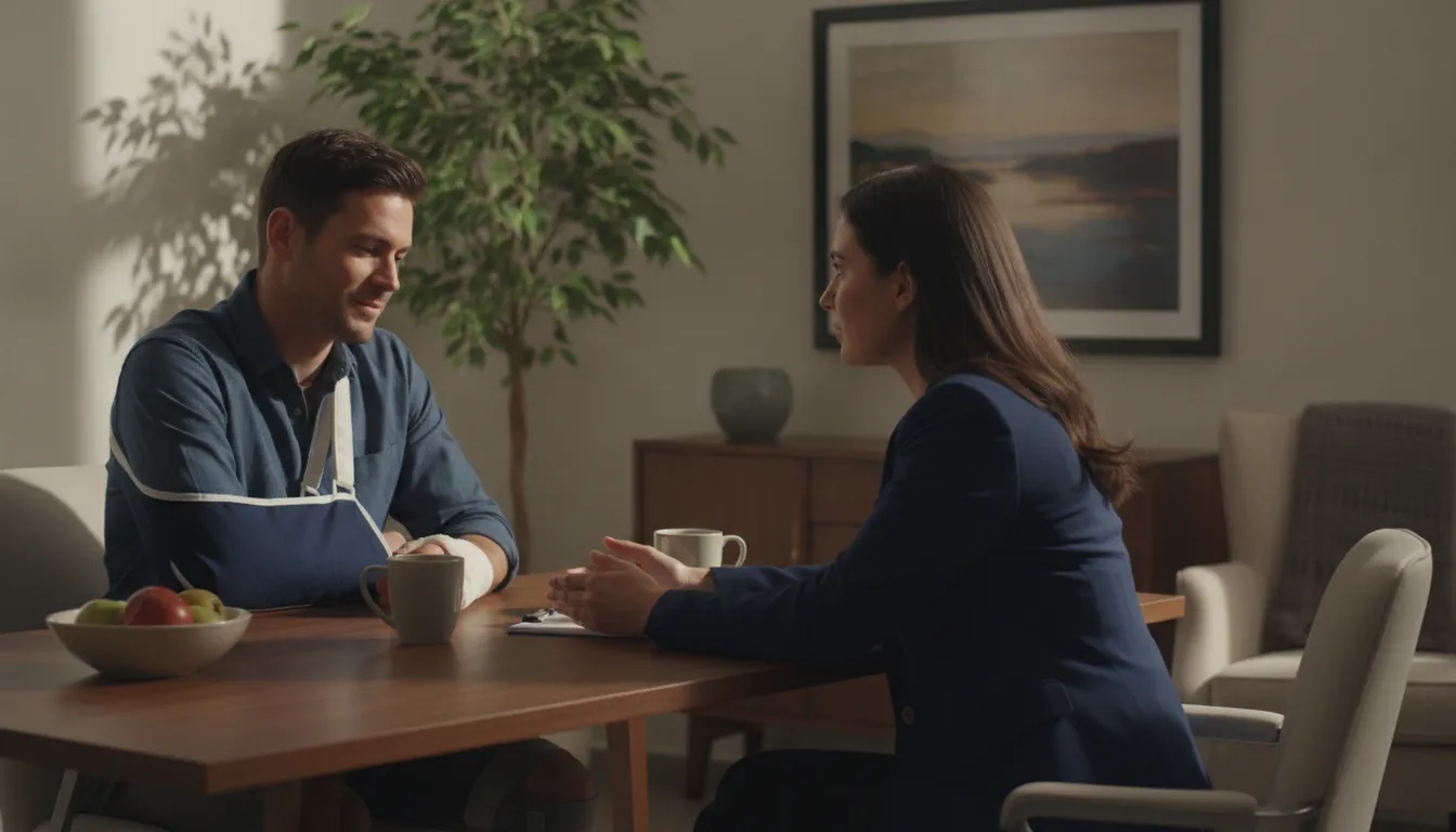 Injured car accident client speaking with a Michigan attorney about their recovery plan