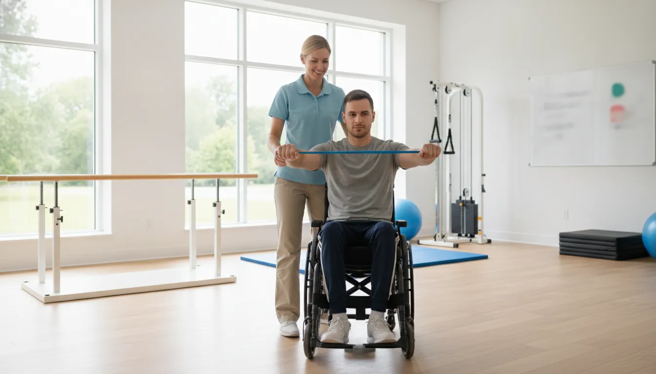 Physical therapist assisting a person in a wheelchair with rehabilitation exercises in a bright therapy gym