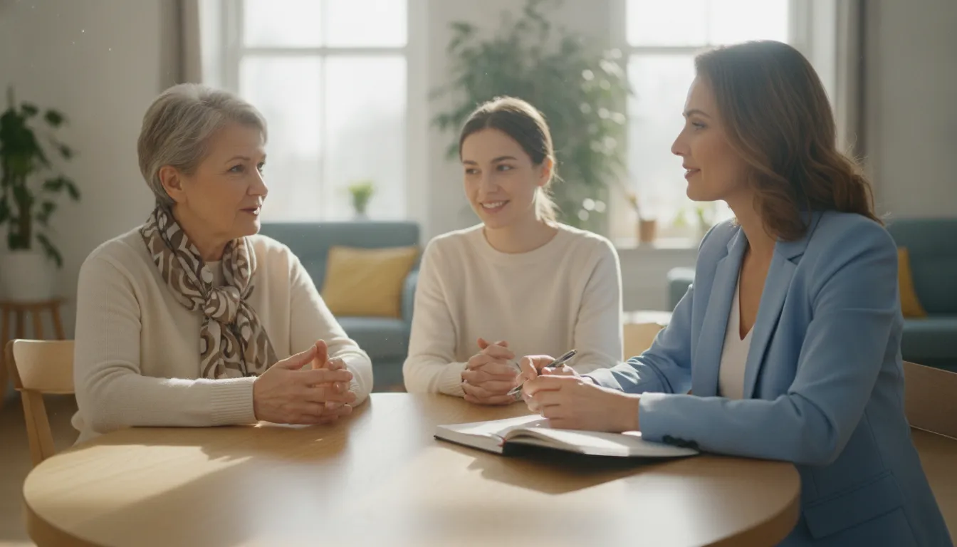 Social worker listening to an older resident and family member