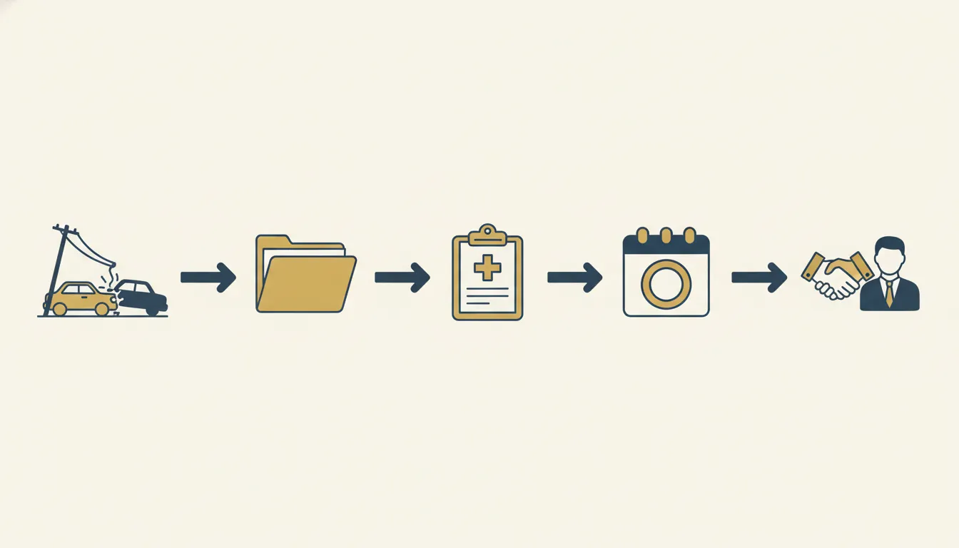 Five-step diagram from a crash to records, medical proof, a deadline, and a lawyer meeting