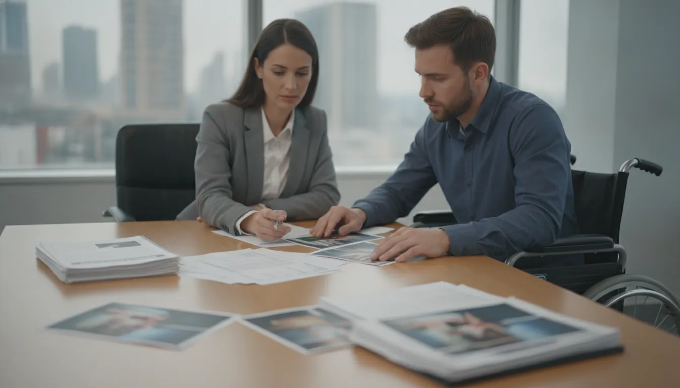 Attorney and client reviewing spinal cord injury claim records