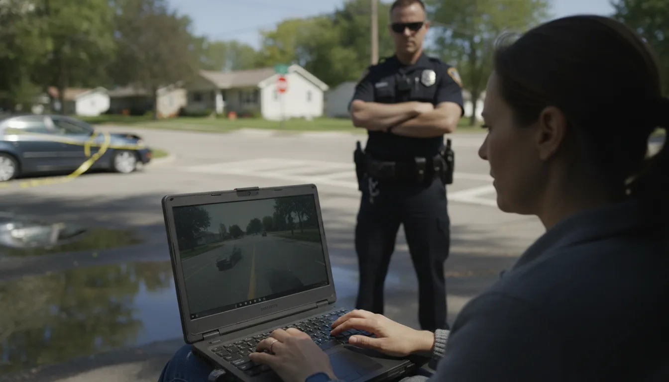 Michigan accident investigator reviewing dashcam footage near an intersection
