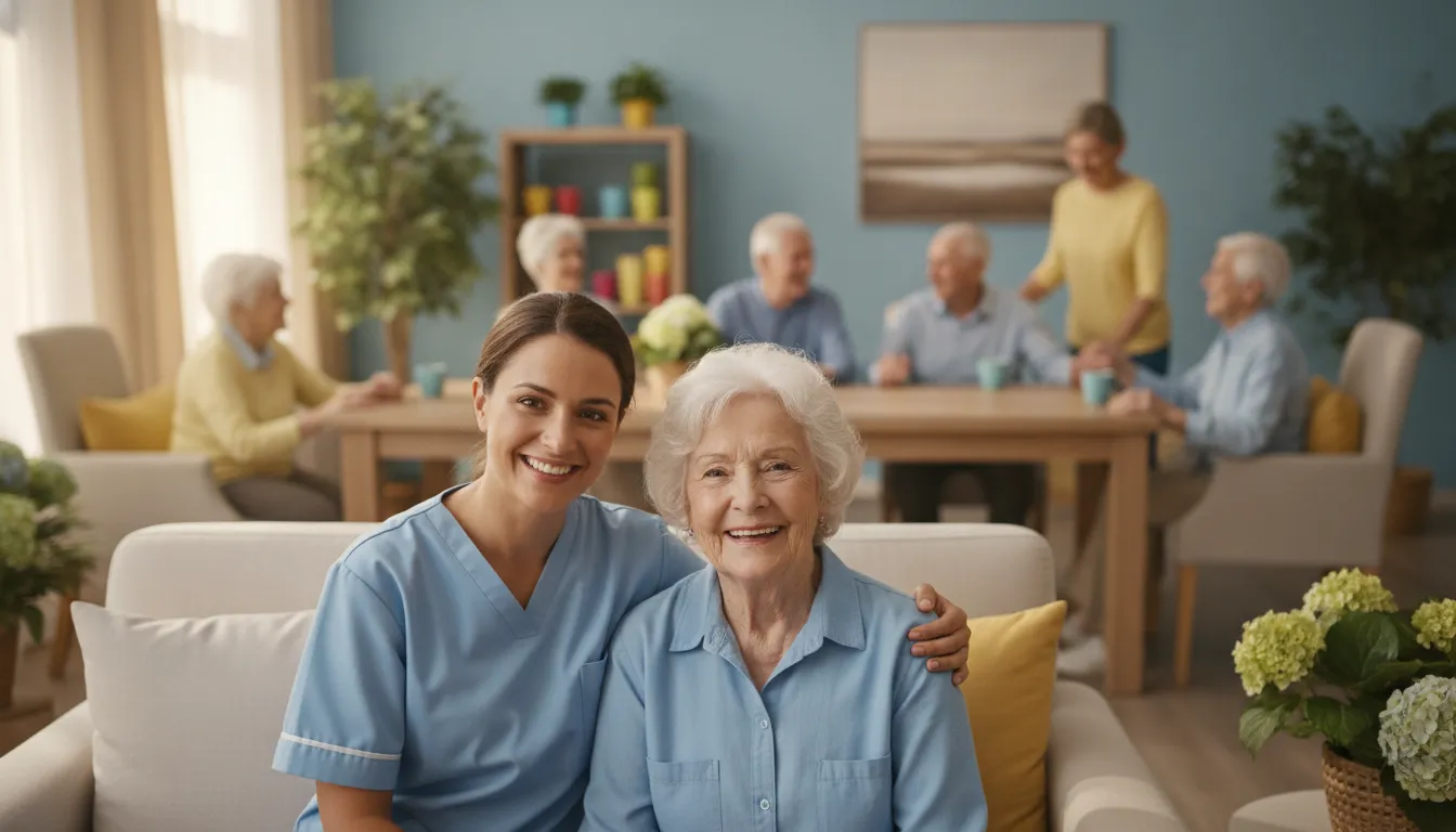 A caring nurse and an elderly resident together in a bright long-term care facility common room