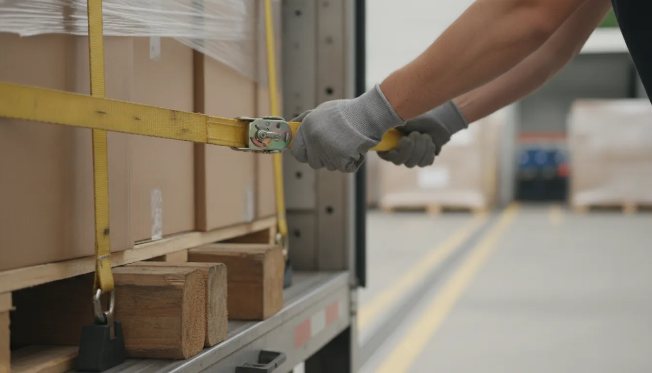 Worker checking a cargo tie-down strap and blocking inside a semi trailer