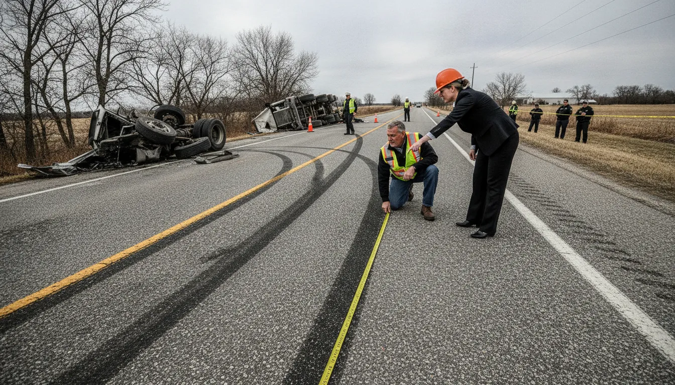 Attorney and investigator examining a commercial truck crash scene