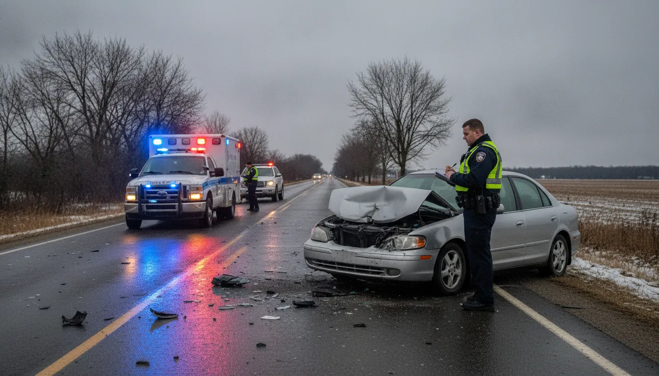 Police car and emergency vehicles at the scene of a car accident on a Michigan road