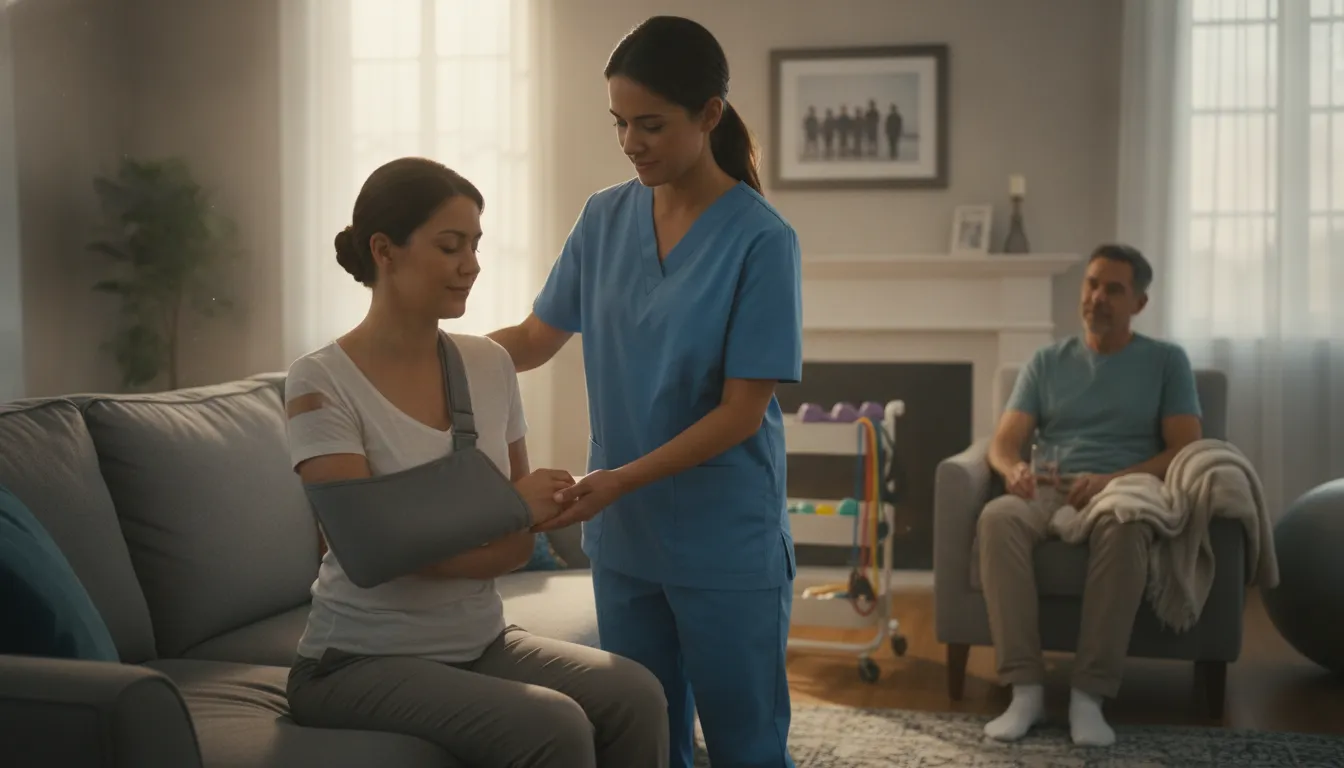 Physical therapist helping an injury recovery patient with exercises at home