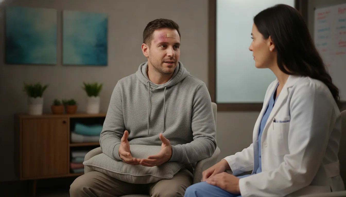 Injured Michigan patient discussing concussion symptoms with a healthcare professional