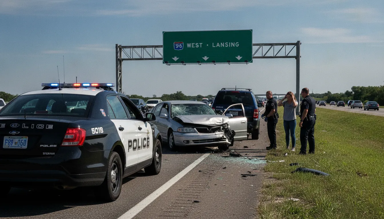 Michigan highway crash scene involving distracted driving with damaged vehicles and police presence