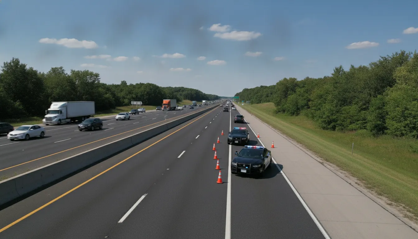 Michigan highway patrol car with flashing lights on a roadway after a car accident