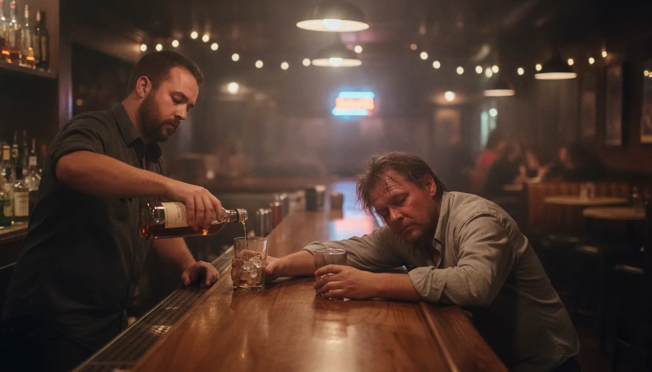 Bartender pouring a drink in a dimly lit Michigan bar where a visibly intoxicated patron is being served