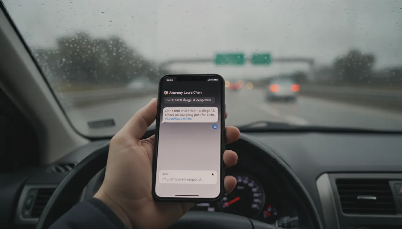 Smartphone held by a driver showing a text message while driving on a Michigan highway