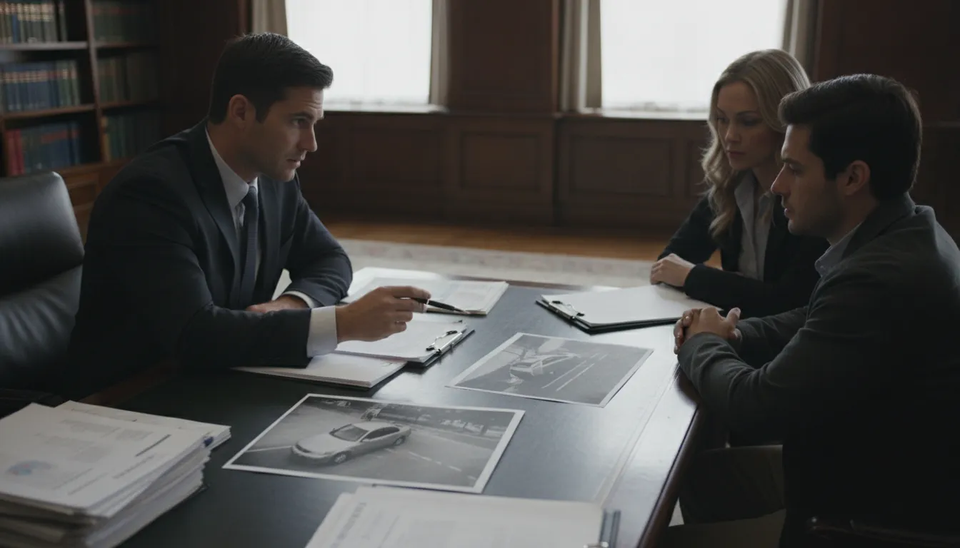 Personal injury attorney reviewing medical records and crash documents with a client in a law office