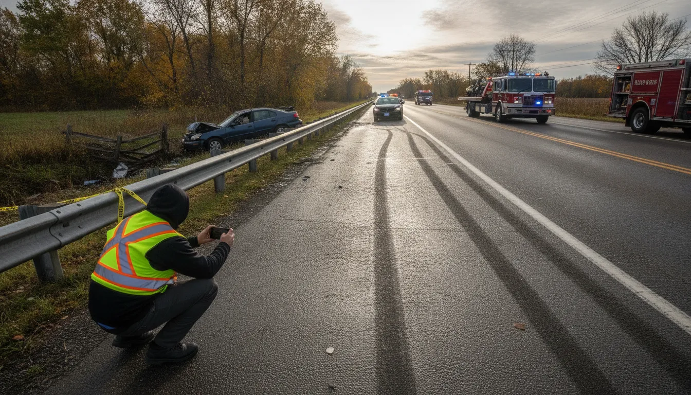 Person safely photographing Michigan car accident evidence at a crash scene