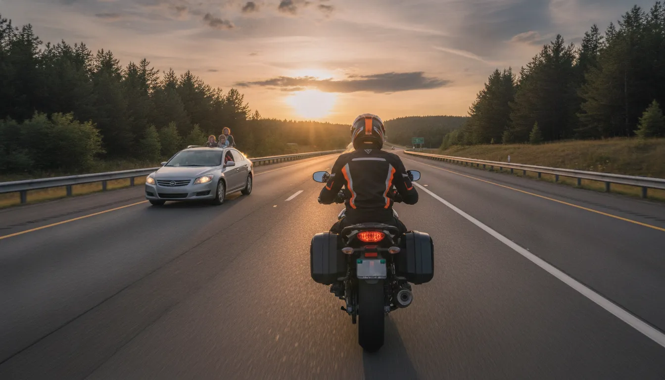 A motorcyclist wearing a helmet rides on a Michigan highway while a car approaches in the background