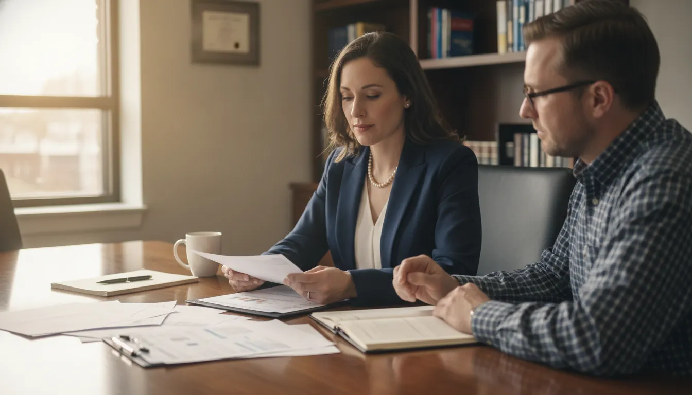 Michigan attorney reviewing health insurance lien paperwork with an injured client