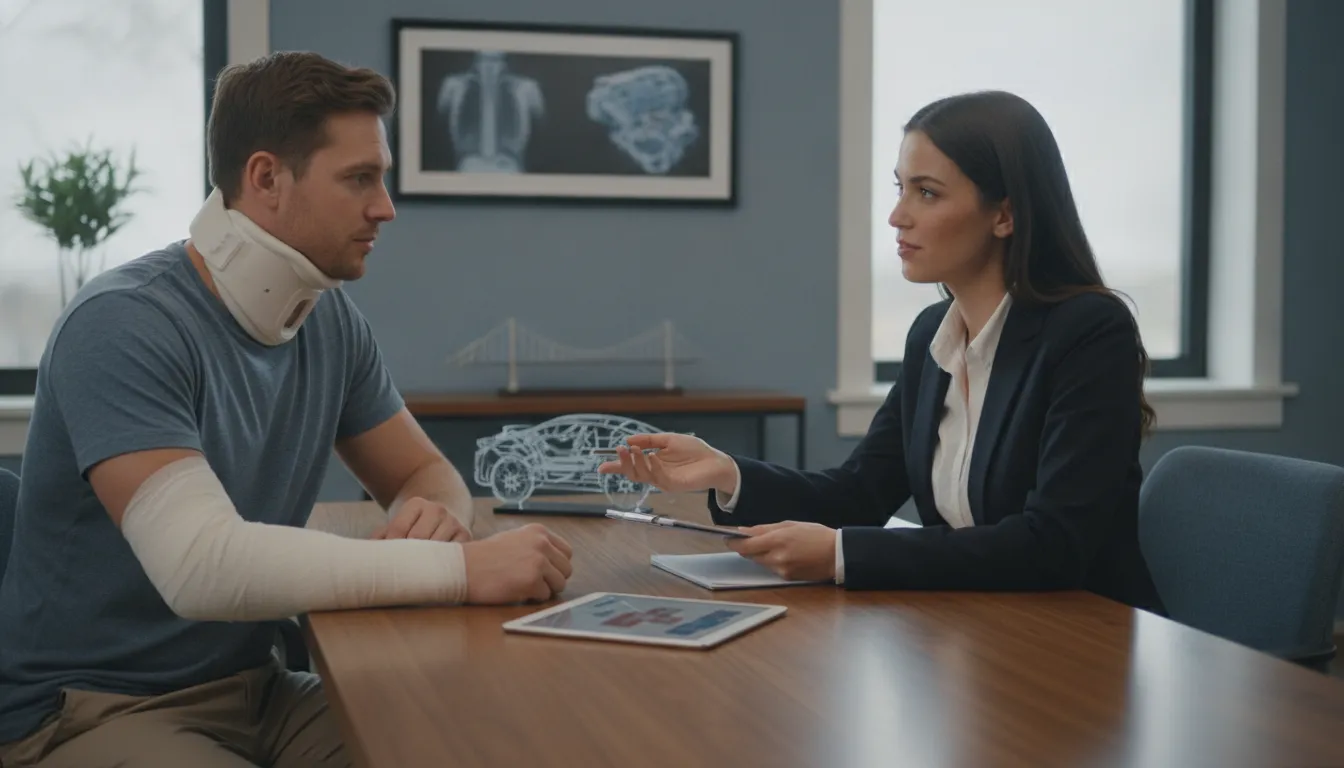 Injured Michigan driver discussing No-Fault coverage and a health insurance lien with an attorney