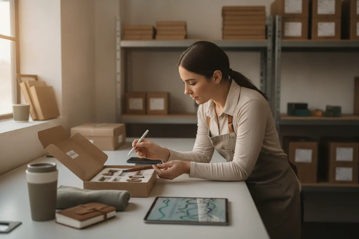 A fulfillment team checking a branded gift kit and its recipient shipping information before dispatch