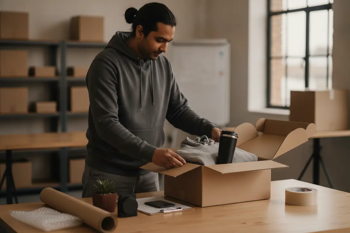 A fulfillment team member checking an employee recognition gift package before shipping