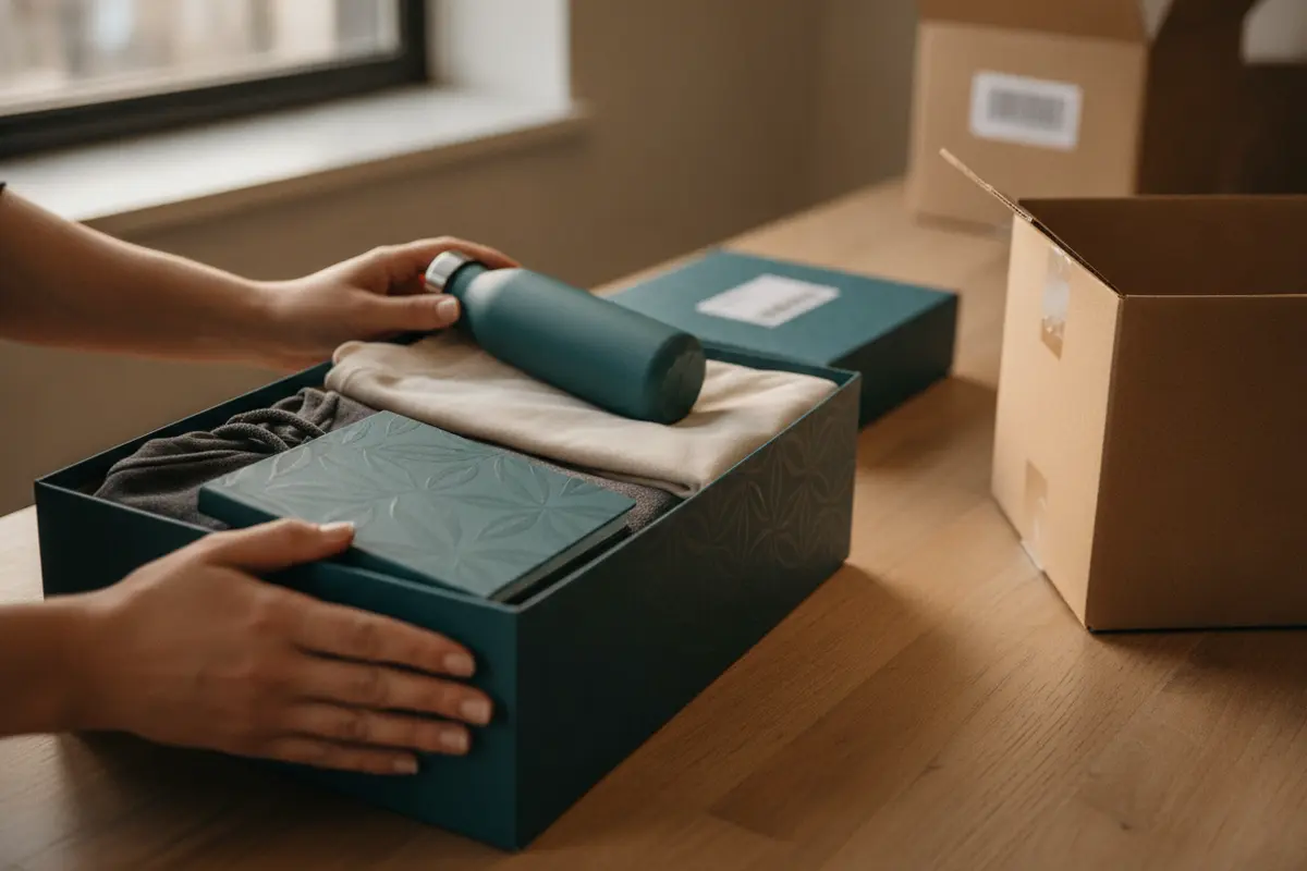 A new-hire onboarding kit being checked and packed at a fulfillment workstation