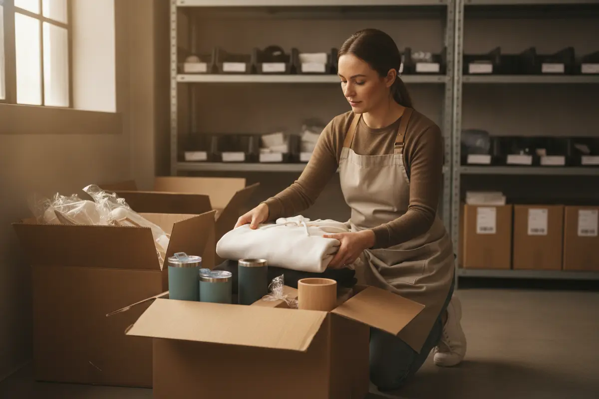 A team member organizes corporate merchandise kits beside labeled shipping cartons
