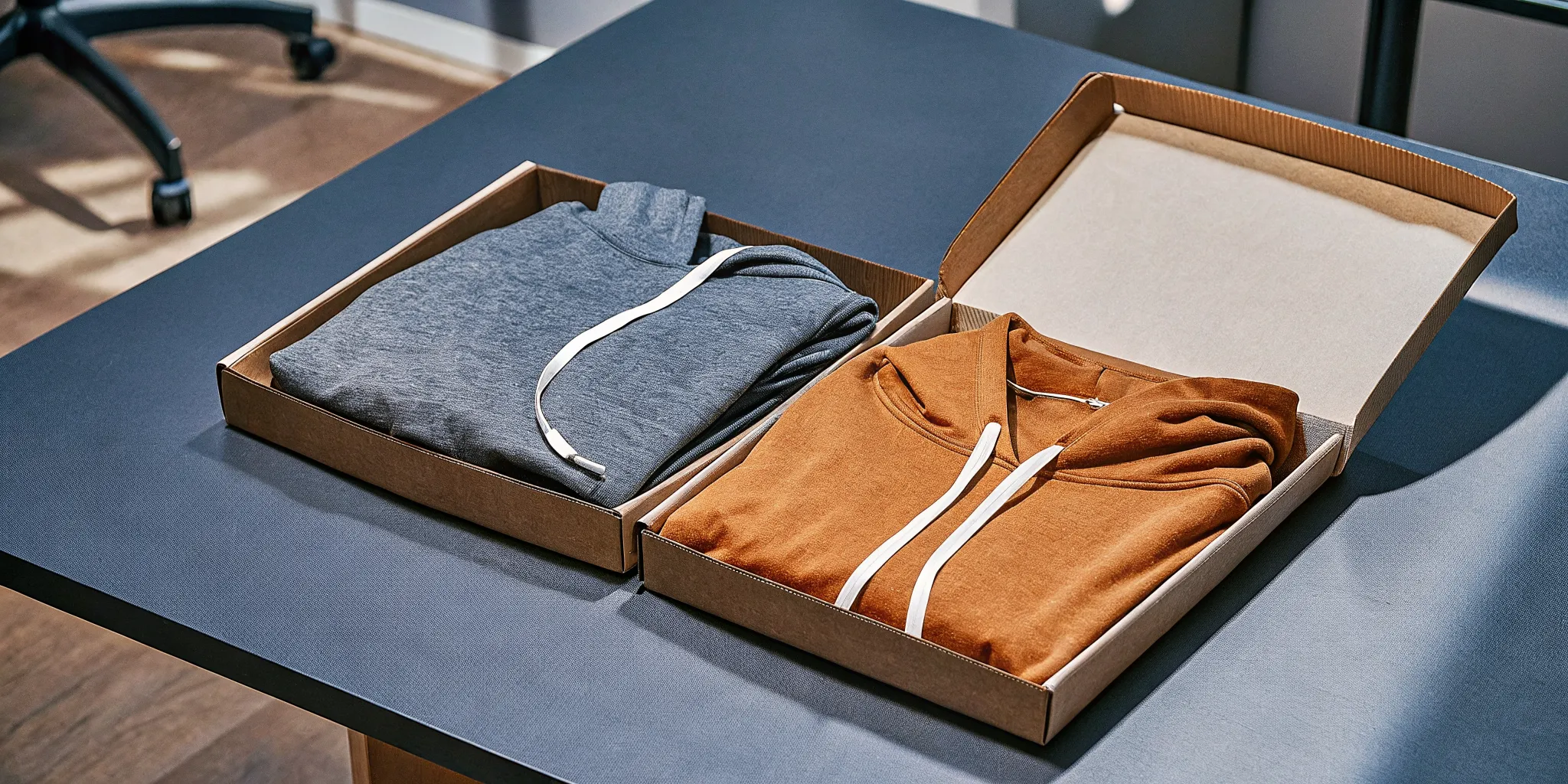 High-quality custom hoodies and branded t-shirts folded inside a corporate welcome box.