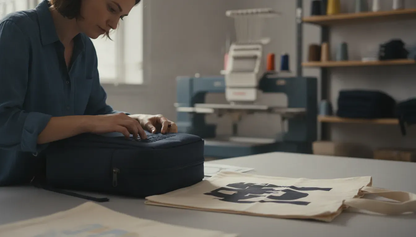 Custom branded bags inspected during a professional decoration process