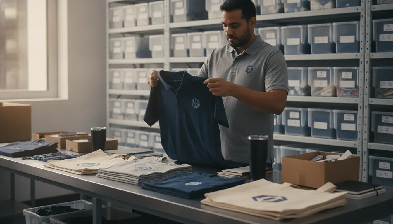 Fulfillment specialist inspecting decorated apparel for a custom promotional products program