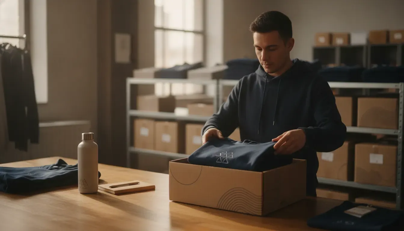 Fulfillment specialist preparing branded apparel for a global employee merchandise order