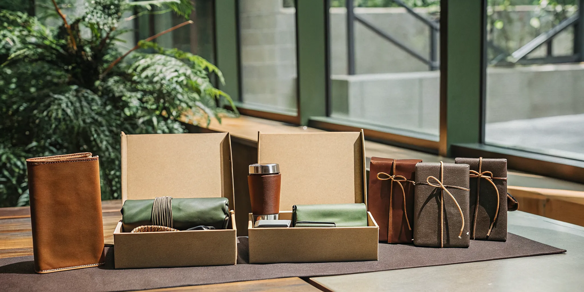 Professional corporate gift boxes on a modern office table featuring branded merchandise including custom hoodies and leather journals arranged in elegant presentation