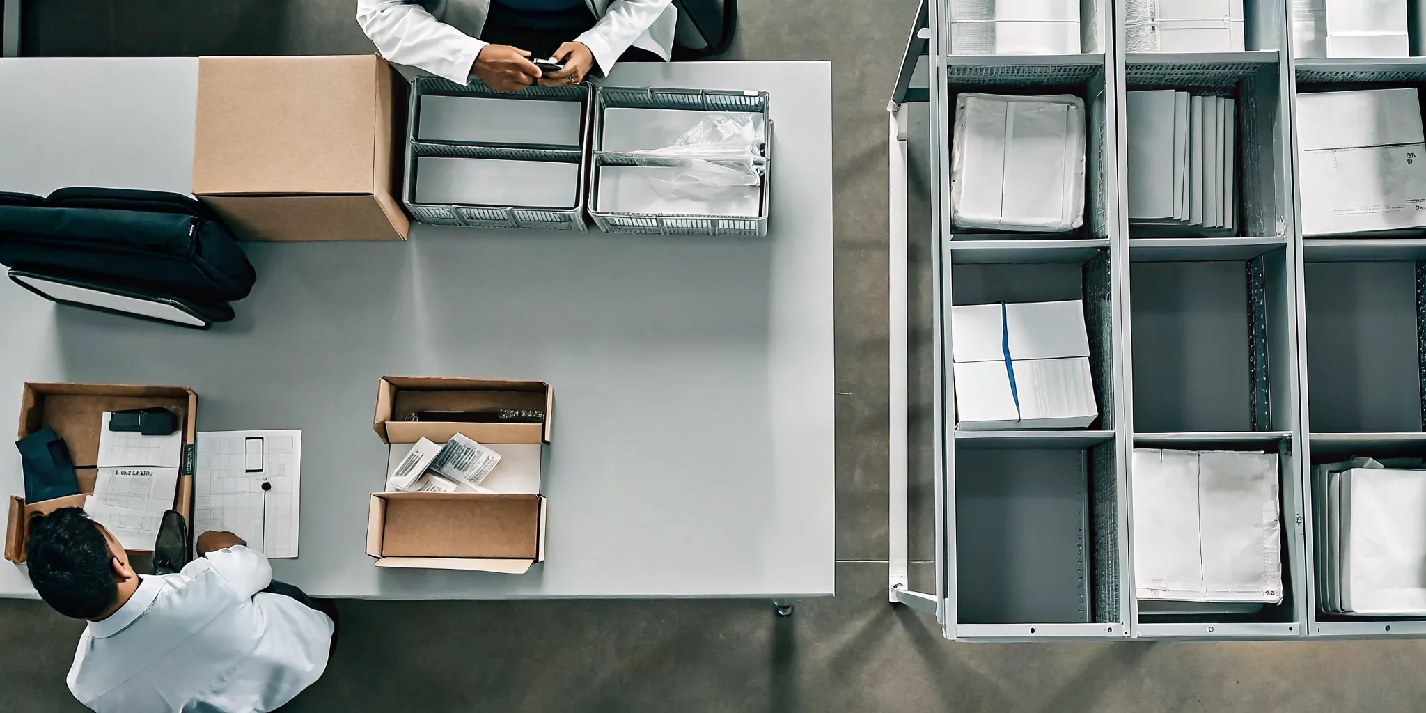 Fulfillment workflow for employee onboarding kits with packed boxes and shipping labels