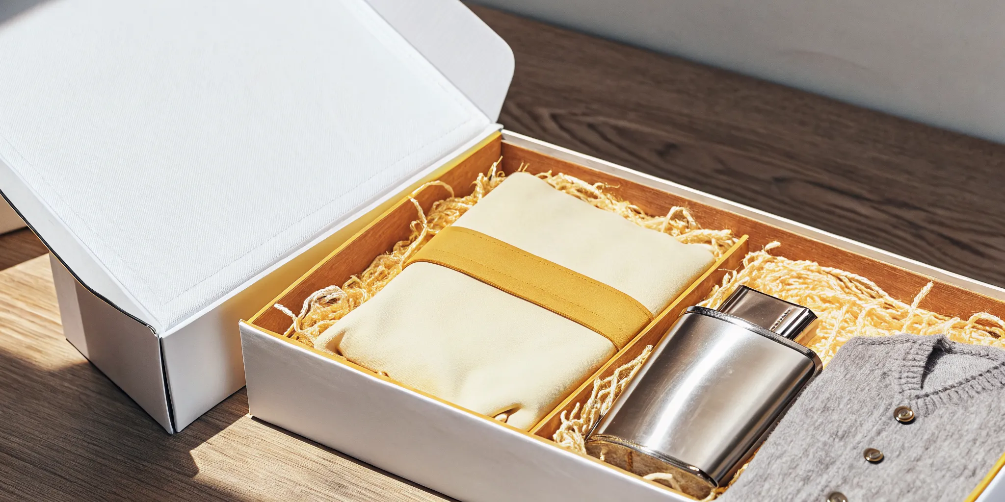 Premium corporate gift unboxing experience showing custom kitted gift box with branded tissue paper, embroidered apparel, and engraved metal items on a wooden desk