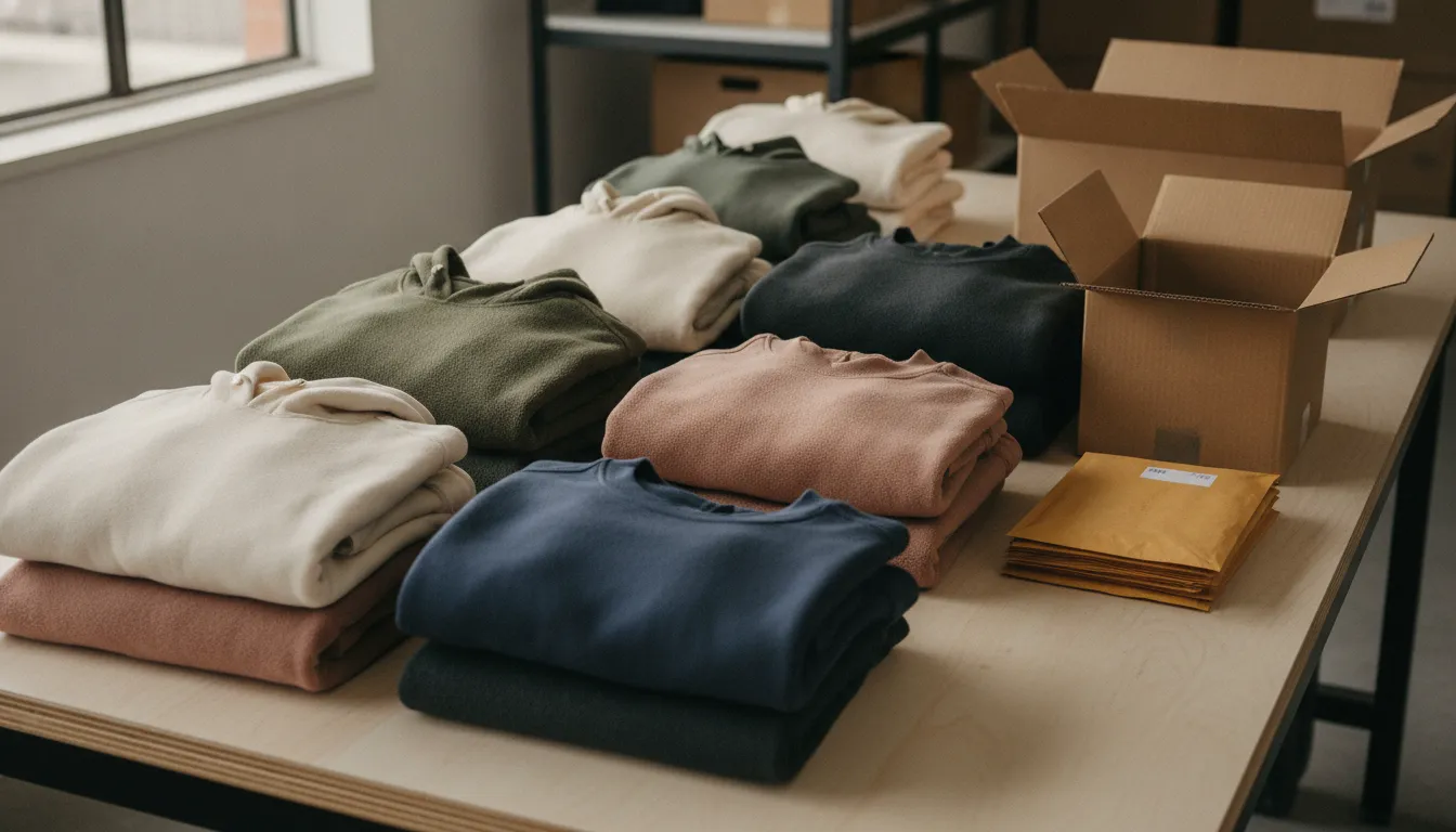 Folded custom fleece hoodies prepared for business fulfillment