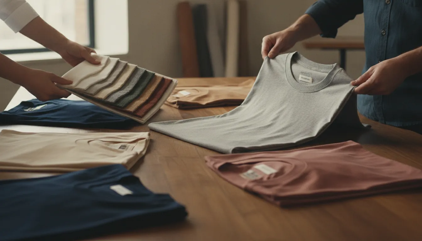 Apparel team reviewing fabric and size options for custom corporate t-shirts