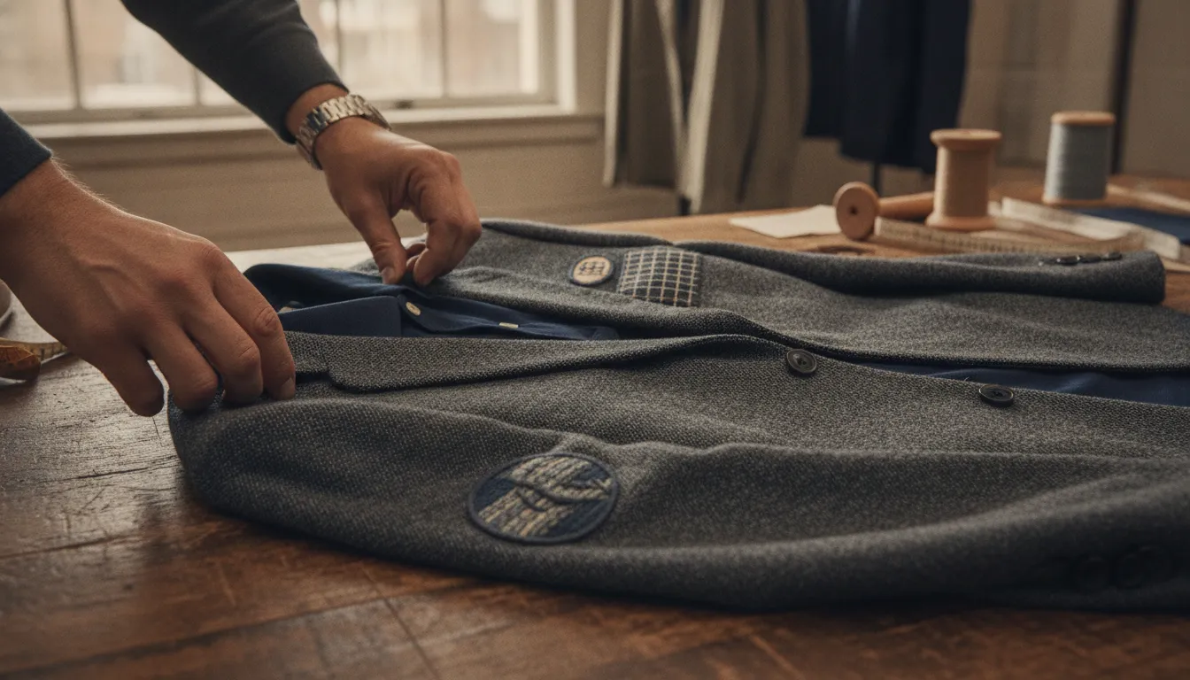 Apparel specialist reviewing custom patch placement on corporate garments