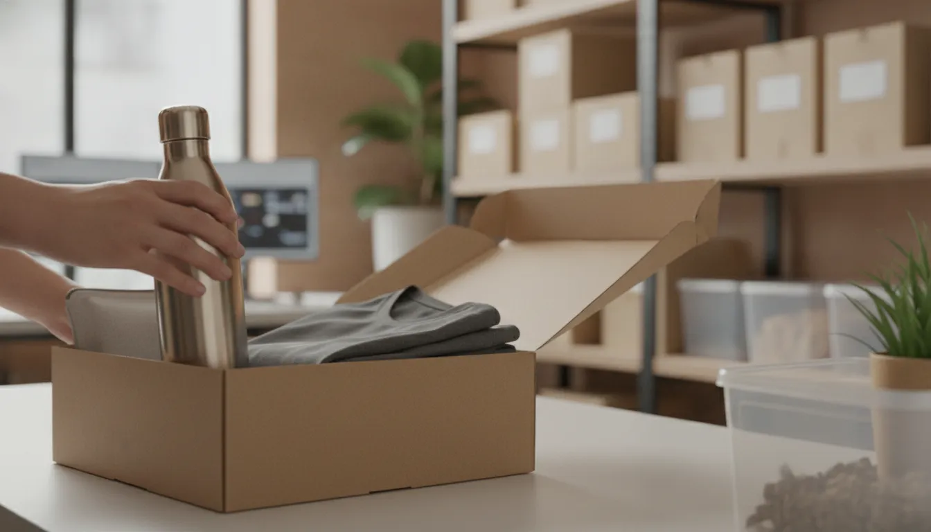 Fulfillment specialist packing drinkware into a corporate welcome kit