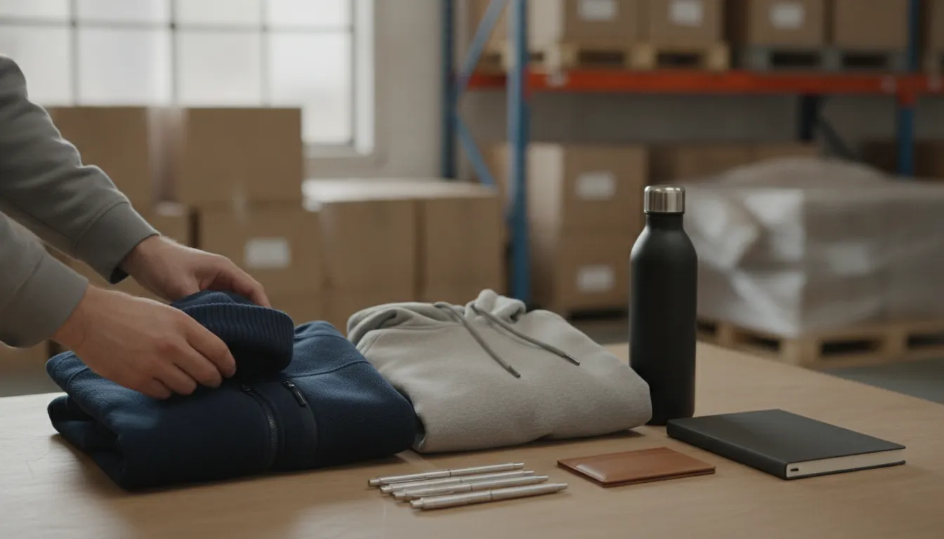 Branded merchandise being prepared for fulfillment