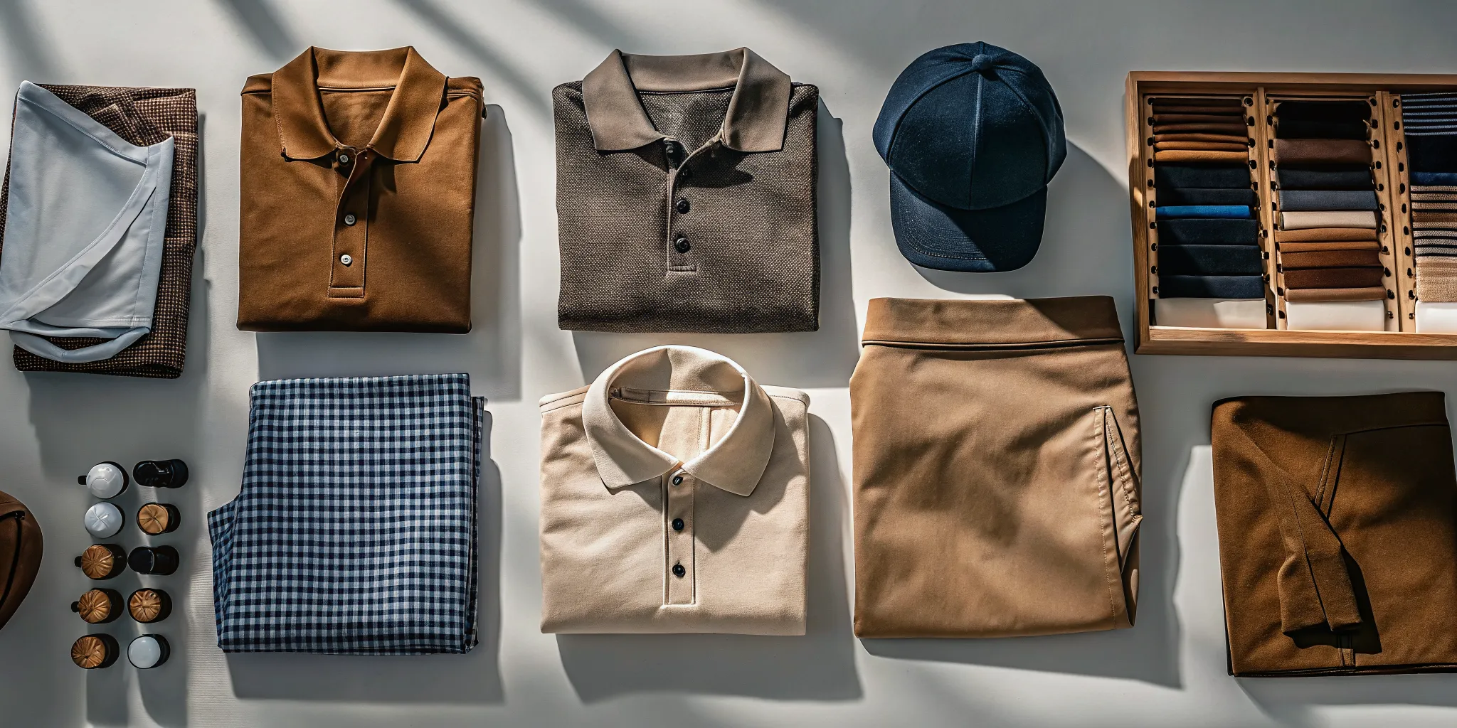 Premium custom apparel for business planning with garments, fabric samples, and decoration details