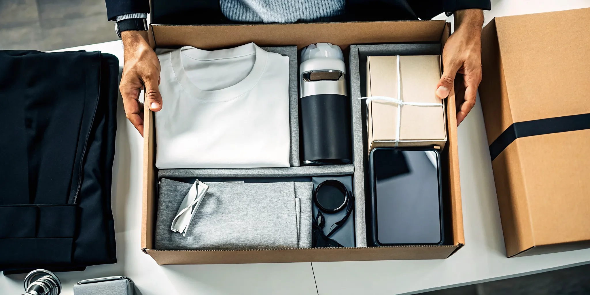 Promotional merchandise welcome kit prepared for a distributed tech team